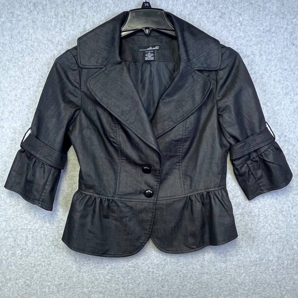 Willi Smith Blazar Women's 6 Black Peplum Jacket 3/4 Sleeve Ruffle Hem Lined - Picture 1 of 8